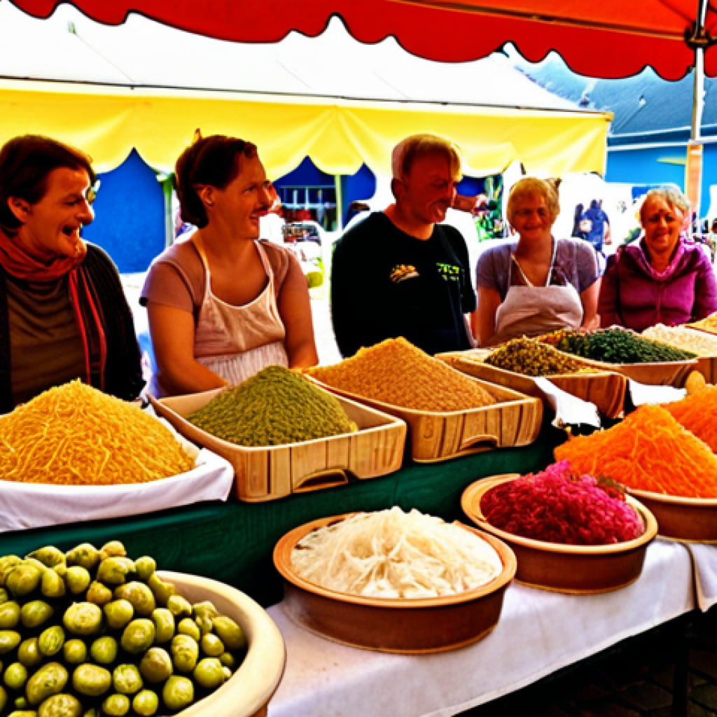 **Prompt:** A vibrant, colorful market stall in Germany overflowing with a variety of fermented foods. Focus on locally sourced sauerkraut in traditional earthenware crocks, alongside jars of homemade pickles and colorful kimchi. A friendly vendor smiles behind the display. Sunlight filters through a canvas awning, illuminating the textures and colors of the food. People milling around, sampling products. Capture the atmosphere of a bustling weekend farmers market in a German town.