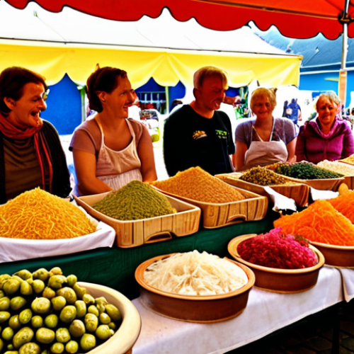 Home 11 **Prompt:** A vibrant, colorful market stall in Germany overflowing with a variety of fermented foods. Focus on locally sourced sauerkraut in traditional earthenware crocks, alongside jars of homemade pickles and colorful kimchi. A friendly vendor smiles behind the display. Sunlight filters through a canvas awning, illuminating the textures and colors of the food. People milling around, sampling products. Capture the atmosphere of a bustling weekend farmers market in a German town.