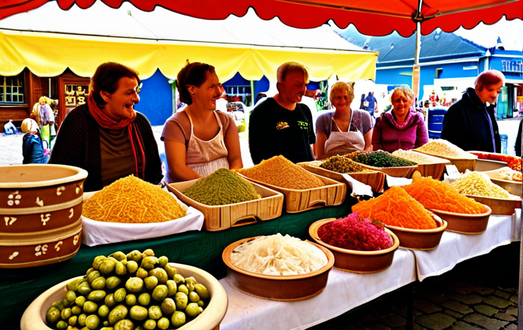 **Prompt:** A vibrant, colorful market stall in Germany overflowing with a variety of fermented foods. Focus on locally sourced sauerkraut in traditional earthenware crocks, alongside jars of homemade pickles and colorful kimchi. A friendly vendor smiles behind the display. Sunlight filters through a canvas awning, illuminating the textures and colors of the food. People milling around, sampling products. Capture the atmosphere of a bustling weekend farmers market in a German town.