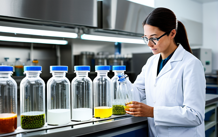 A professional food scientist, fully clothed in a modest lab coat, meticulously observing multiple clear glass fermentation jars on a stainless steel counter. The scene is a pristine, brightly lit food science laboratory, with subtle scientific instruments like a pH meter and petri dishes in the soft-focus background. Close-up on the active bubbling and effervescence within the jars, highlighting the intricate microscopic transformation of food. The image emphasizes scientific precision and a clean, controlled environment. High-resolution, professional photography, sharp focus, studio lighting, perfect anatomy, correct proportions, natural pose, well-formed hands, proper finger count, natural body proportions, safe for work, appropriate content, fully clothed, professional dress, modest clothing, family-friendly.