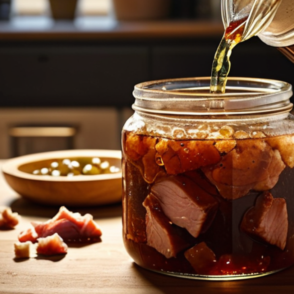 자가 발효로 만든 건강한 탕수육 - Fermentation in Progress**
"Close-up shot of diced pork marinating in a glass jar with kombucha and...