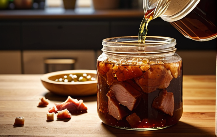 자가 발효로 만든 건강한 탕수육 - Fermentation in Progress**
"Close-up shot of diced pork marinating in a glass jar with kombucha and...