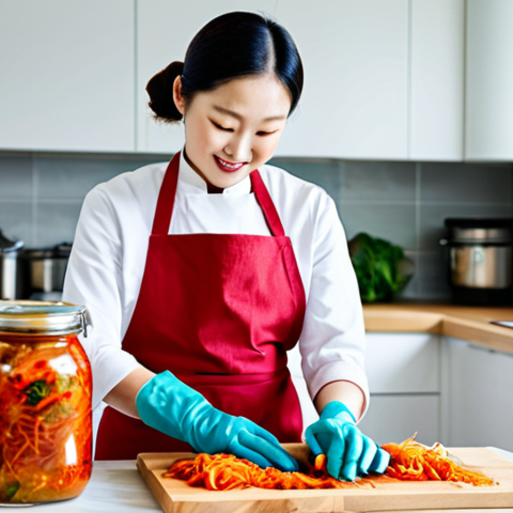 자가 발효로 만든 조리법과 활용법 - **Kimchi Preparation:** "A family-friendly scene of a woman preparing Kimchi in a bright, modern kit...