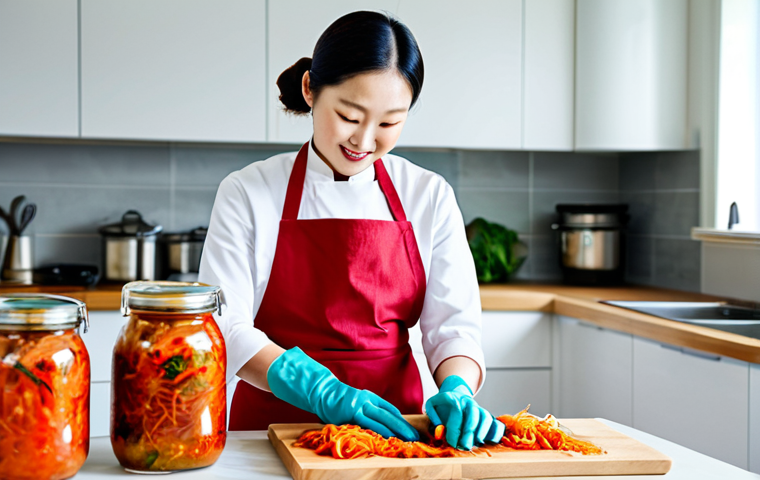 자가 발효로 만든 조리법과 활용법 - **Kimchi Preparation:** "A family-friendly scene of a woman preparing Kimchi in a bright, modern kit...