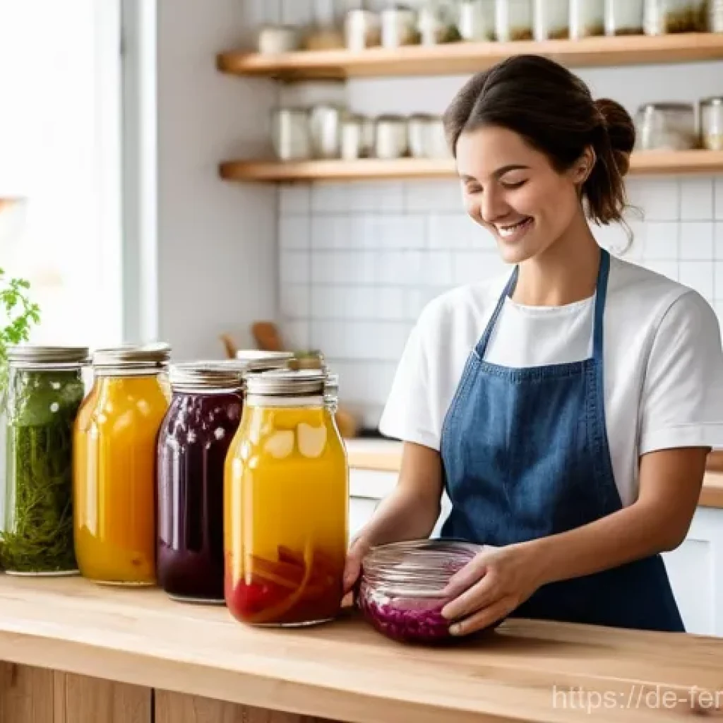 홈메이드 발효 식품으로 면역력 높이기 - **"A vibrant and cozy kitchen scene, bathed in soft, natural light, where a cheerful woman in her la...