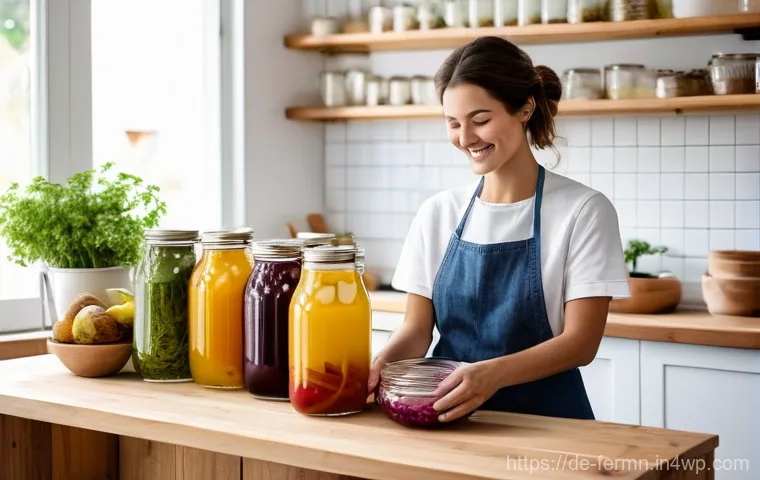 홈메이드 발효 식품으로 면역력 높이기 - **"A vibrant and cozy kitchen scene, bathed in soft, natural light, where a cheerful woman in her la...