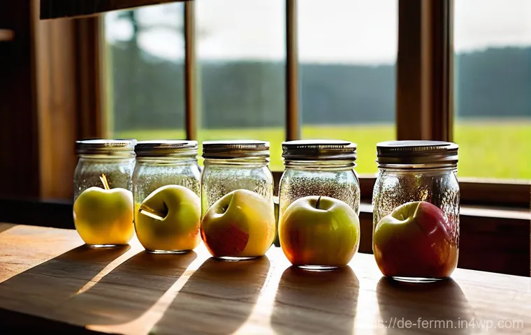 자가 발효로 만든 사과잼 레시피 - **Prompt 1: The Beginning of Transformation**
A clear, wide-mouthed glass jar sits on a clean, r...