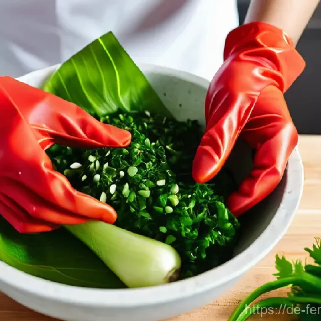 자가 발효 김치 레시피와 효능 - **A Vibrant Kimchi Preparation Scene:**
A close-up shot of a person's hands, wearing clear food-...