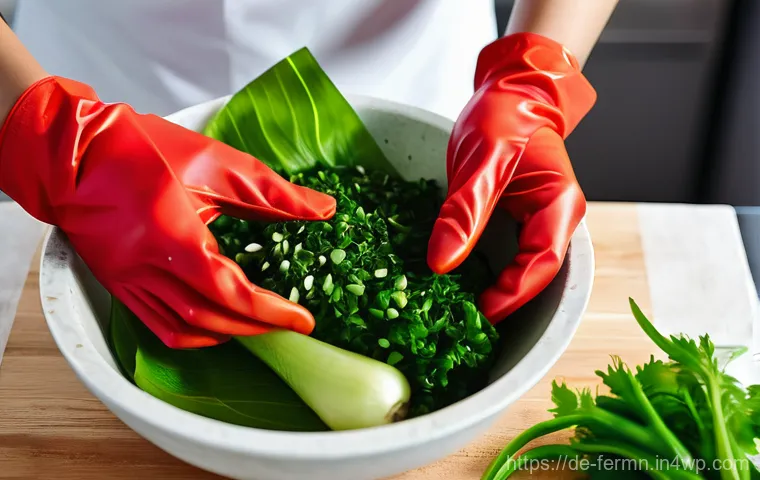 자가 발효 김치 레시피와 효능 - **A Vibrant Kimchi Preparation Scene:**
A close-up shot of a person's hands, wearing clear food-...