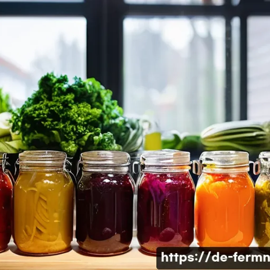 가정에서 쉽게 만드는 자가 발효식 장아찌 레시피 - **Prompt:** A vibrant and inviting close-up of a kitchen counter showcasing a diverse array of homem...