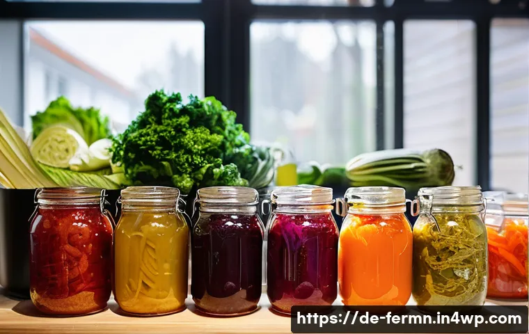 가정에서 쉽게 만드는 자가 발효식 장아찌 레시피 - **Prompt:** A vibrant and inviting close-up of a kitchen counter showcasing a diverse array of homem...