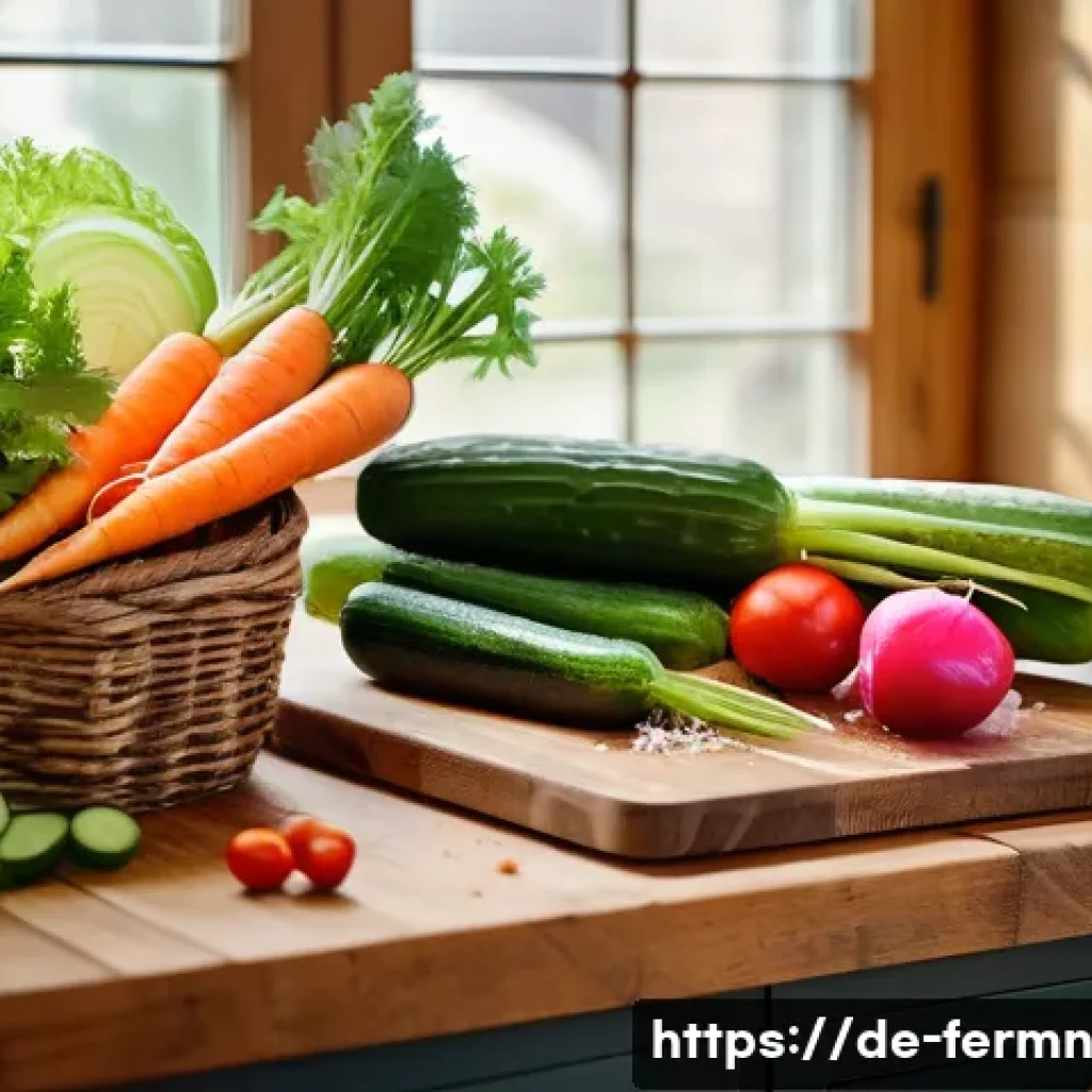 자가 발효 소금절임 레시피 - A bright, detailed kitchen scene showcasing fresh, crisp vegetables like carrots, cucumbers, cabbage...