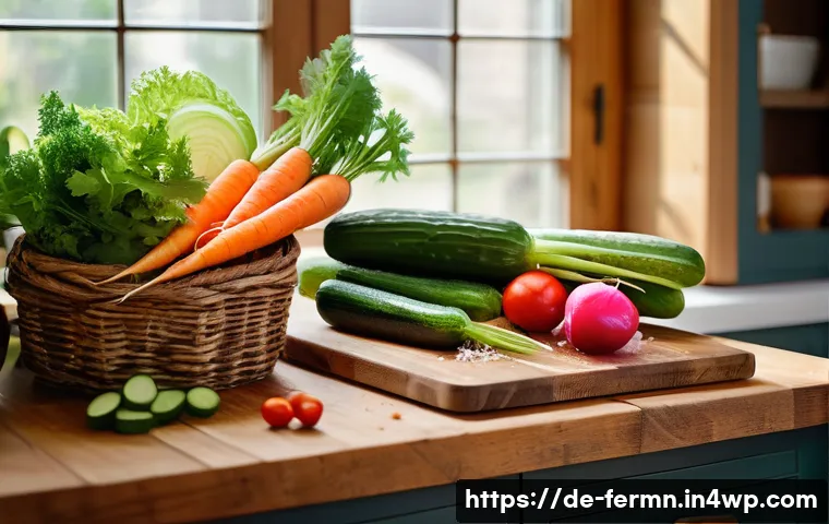 자가 발효 소금절임 레시피 - A bright, detailed kitchen scene showcasing fresh, crisp vegetables like carrots, cucumbers, cabbage...