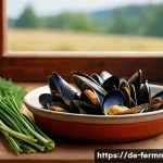 자가 발효로 만든 조개찜 양념 - A rustic German kitchen scene featuring a glass jar of fermenting seafood sauce with visible herbs l...