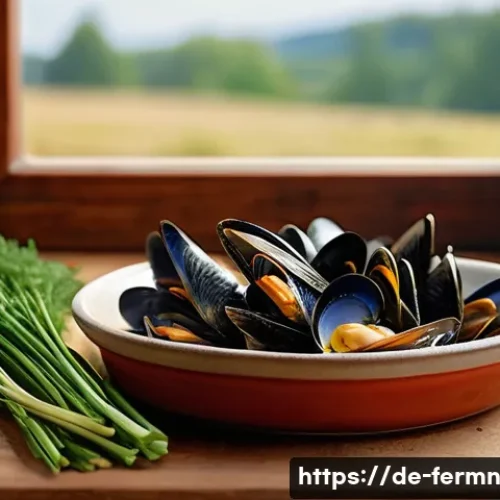 자가 발효로 만든 조개찜 양념 - A rustic German kitchen scene featuring a glass jar of fermenting seafood sauce with visible herbs l...