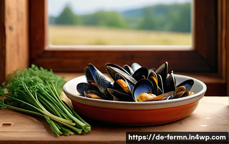 자가 발효로 만든 조개찜 양념 - A rustic German kitchen scene featuring a glass jar of fermenting seafood sauce with visible herbs l...