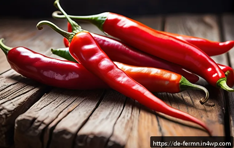 자가 발효 고추장 레시피 - A vibrant close-up of fresh red chili peppers including Cayenne, Jalape&ntilde;o, and Thai chilies on a rus...