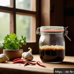 자가 발효로 만든 만두 소스 - A rustic kitchen scene featuring a glass jar of homemade fermented dipping sauce for dumplings, plac...