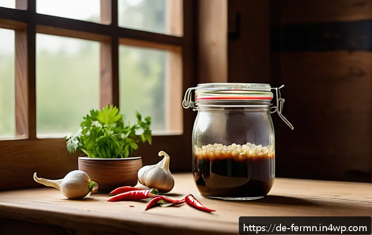 자가 발효로 만든 만두 소스 - A rustic kitchen scene featuring a glass jar of homemade fermented dipping sauce for dumplings, plac...
