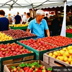 자가 발효로 만든 딸기 잼 - A vibrant farmers' market stall in Germany showcasing fresh, ripe strawberries in wooden crates, glo...