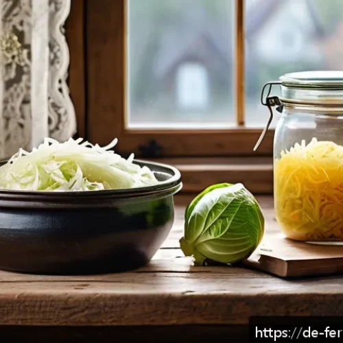 자가 발효로 만든 요리법 총정리 - A cozy German kitchen scene featuring a rustic wooden table with freshly prepared sauerkraut in a la...