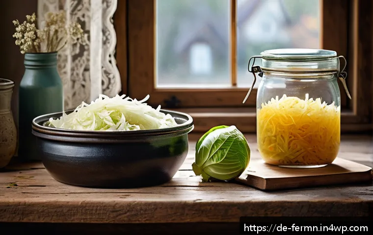 자가 발효로 만든 요리법 총정리 - A cozy German kitchen scene featuring a rustic wooden table with freshly prepared sauerkraut in a la...