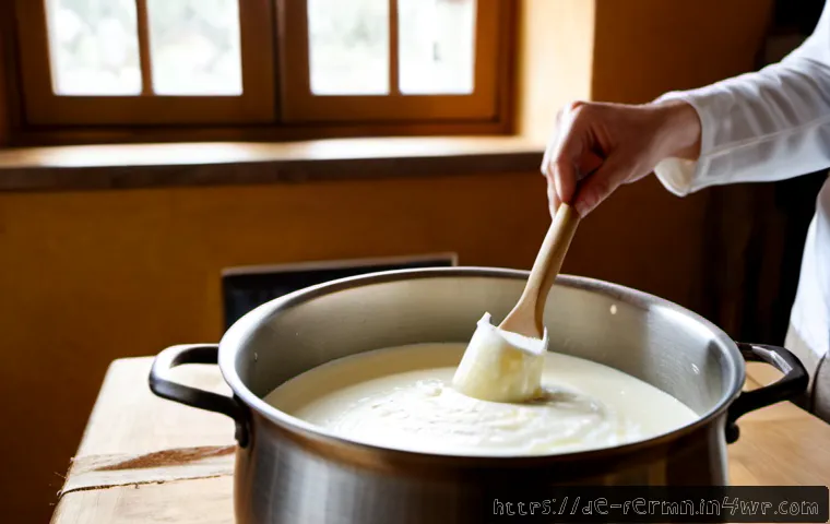 Home 17 자가 발효 우유로 만드는 체다 치즈 - Photorealistic farmhouse kitchen scene in Germany, a home cheesemaker gently stirring cultured milk ...