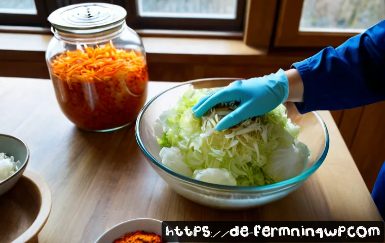Home 17 자가 발효로 만드는 배추김치 레시피 - Photorealistic overhead view of a German home kitchen countertop, hands in clean food-safe gloves pa...