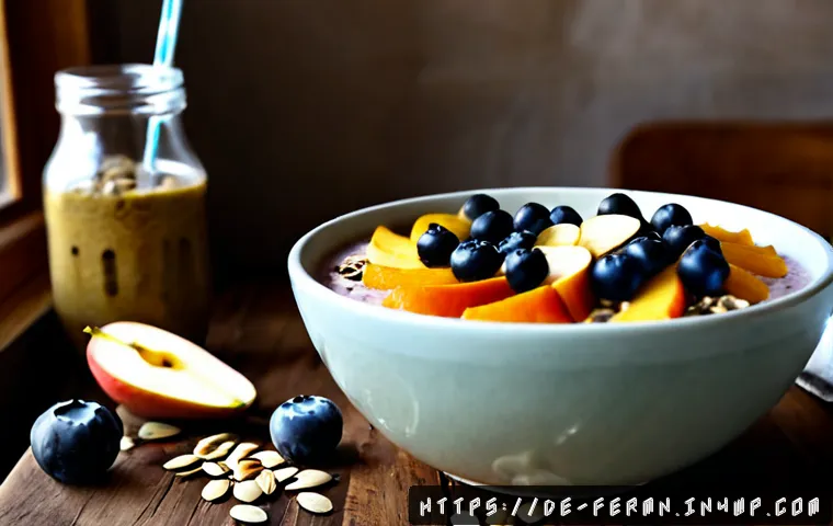 자가 발효로 만든 스무디볼 - Photorealistic close-up of a homemade fermented smoothie bowl in a rustic German kitchen, creamy ber...