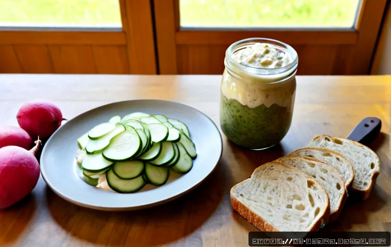 Home 17 자가 발효로 만드는 스프레드 활용법 - Photorealistic German home kitchen breakfast scene, a glass jar of homemade fermented creamy vegetab...